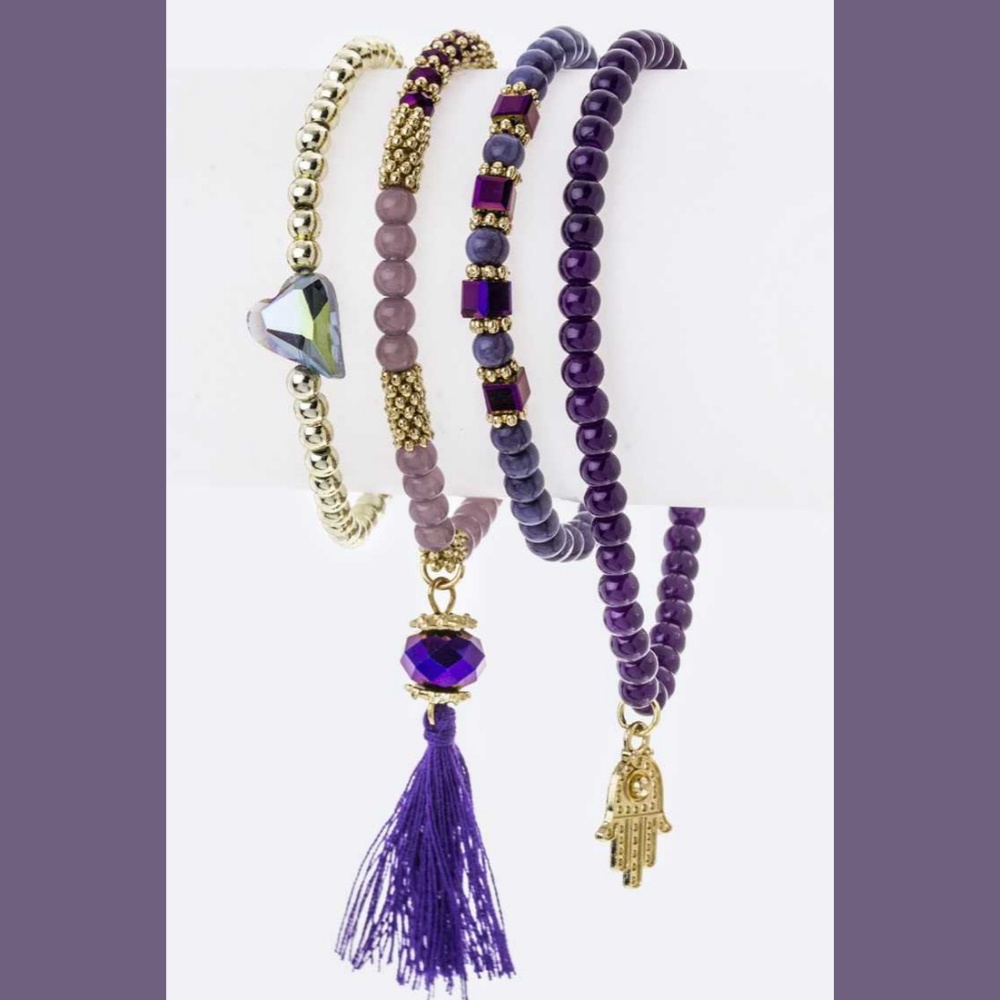 Purple & Gold Beaded Bracelet Set Tassel Hamsa